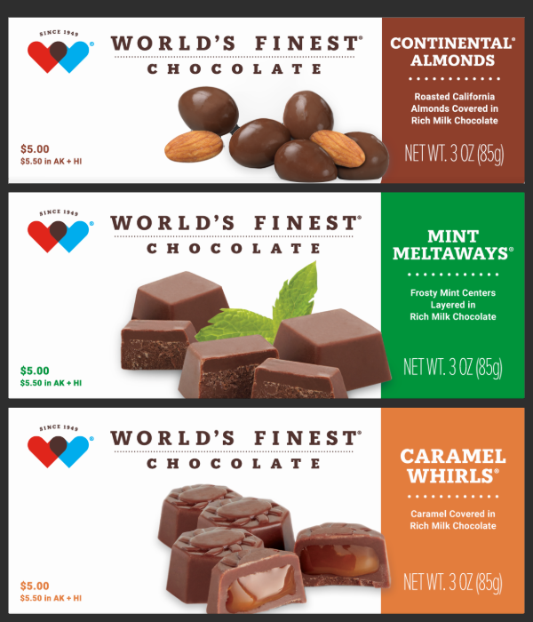 Three World’s Finest Chocolate boxes — Continental Almonds, Mint Meltaways, and Caramel Whirls displayed together.