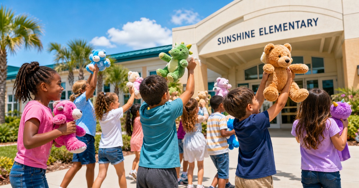 Elementary students participating in a Teddy-a-thon event, a high-engagement Florida school fundraising program