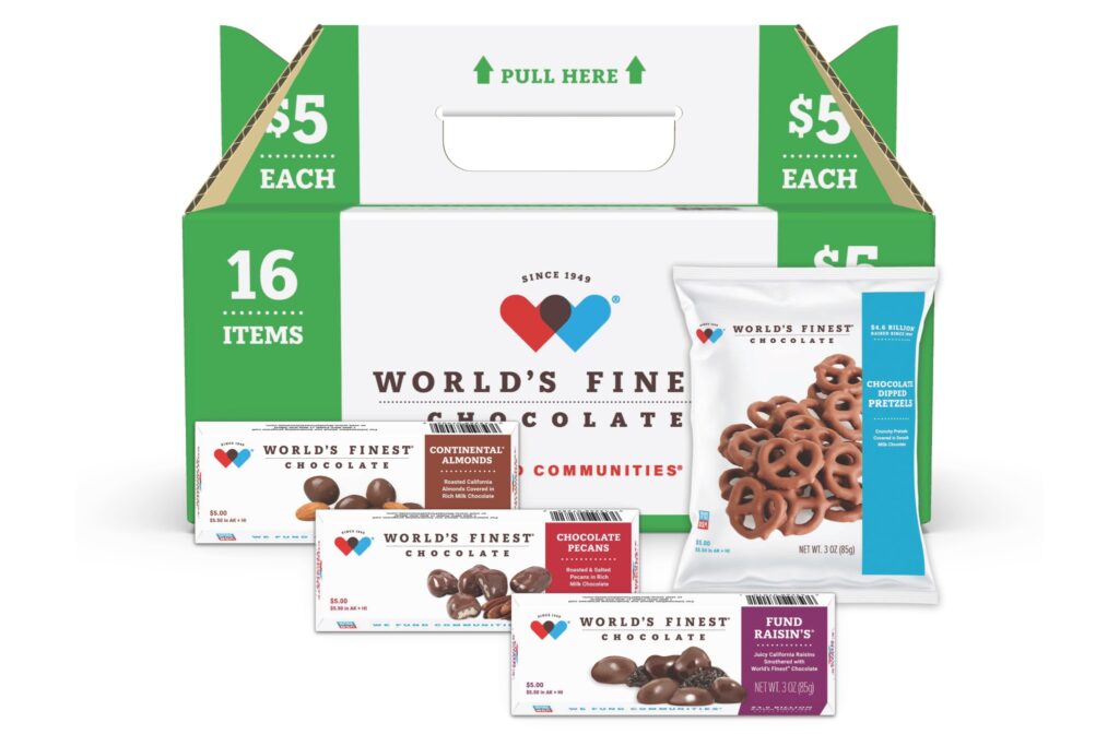 An open $5 variety box showcasing a mix of larger-format bars including Almond, Caramel, and Crisp flavors.