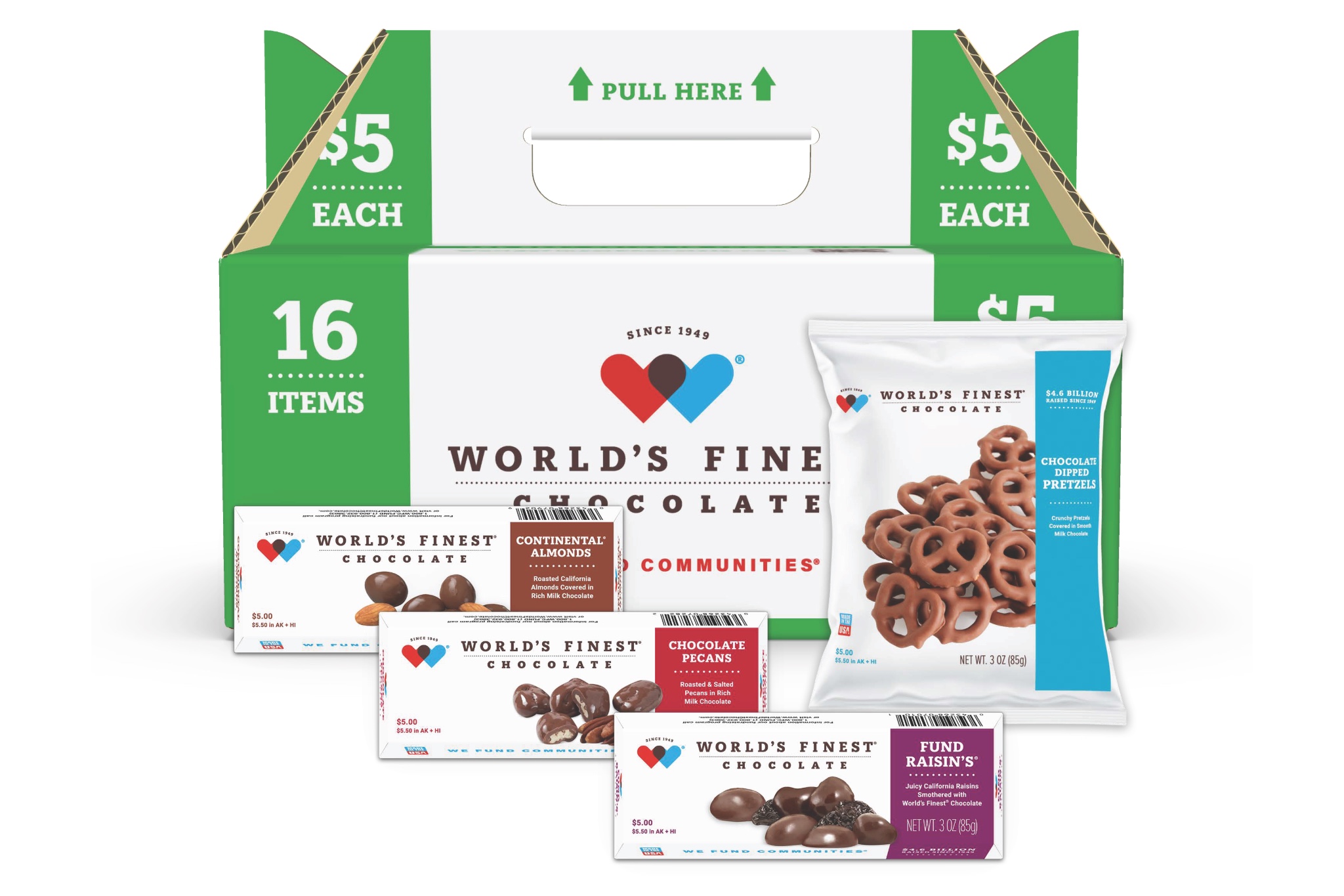An open $5 variety box showcasing a mix of larger-format bars including Almond, Caramel, and Crisp flavors.