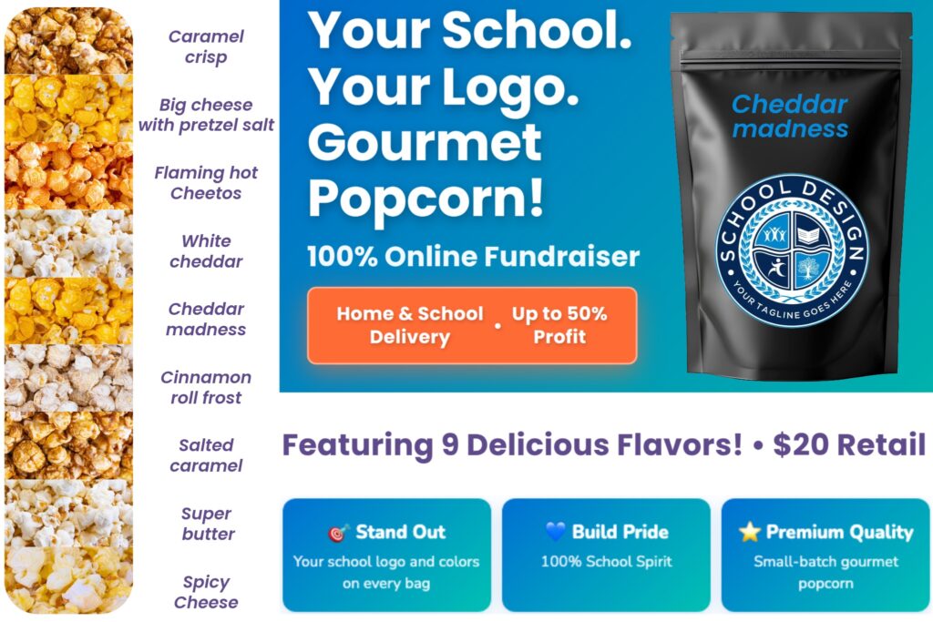 Gourmet popcorn bags customized with a school logo for a premium spirit-based fundraiser.