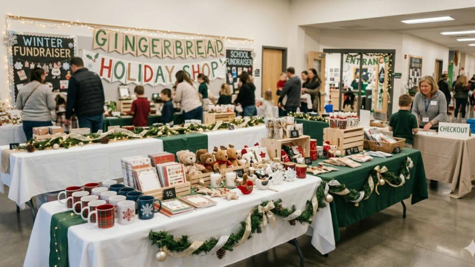 Florida elementary students shopping at the Gingerbread Holiday Shoppe checkout — picking out gifts for family, friends, and teachers