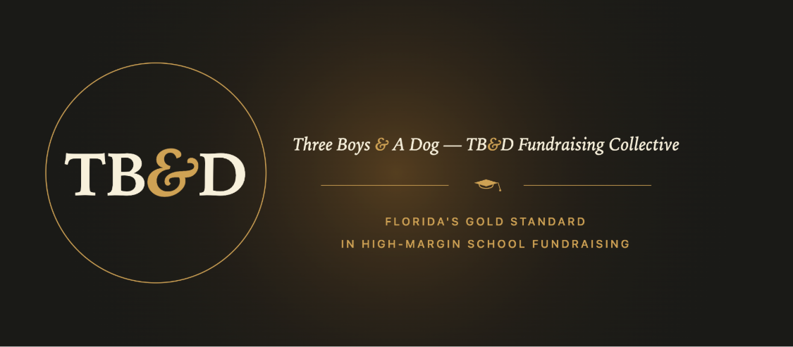 TB&D — Three Boys & A Dog school fundraising logo.